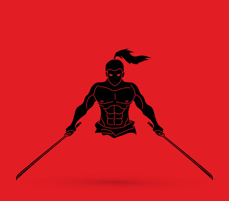 Angry Samurai standing with swords front view graphic vector.のイラスト素材