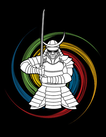 Samurai standing front view ready to fight designed on spin wheel background graphic vector.のイラスト素材