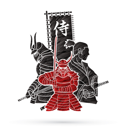 Samurai composition designed using grunge brush cartoon graphic vectorのイラスト素材