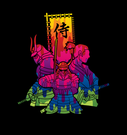 3 Samurai composition with flag Japanese font mean Samurai  designed using colorful graphic vectorのイラスト素材