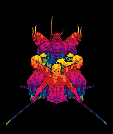 Group of Samurai, Ready to fight action designed using colorful cartoon graphic vectorのイラスト素材