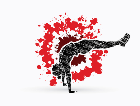 Street dance, B boys dance, Hip Hop Dancing action designed on splatter colors background graphic vector.のイラスト素材