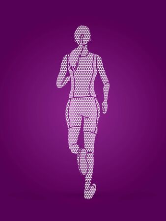 Back of woman running on gemometrical filled illustration on purple background.のイラスト素材