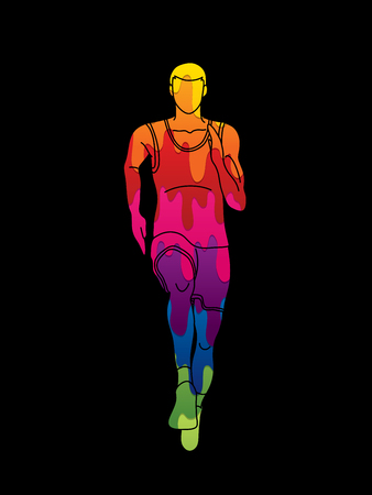 Front of man running on colorful filled illustration on black background.のイラスト素材