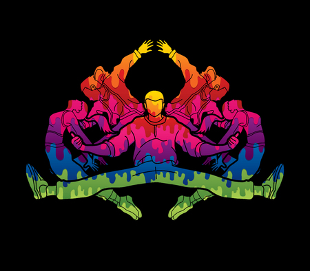 Group of people dancing, Dancer action, Street dance team, Hip hop or B boy dance graphic vectorのイラスト素材