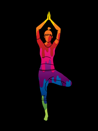 A woman practicing yoga, Yoga pose designed using colorful graphic Vector illustration.のイラスト素材