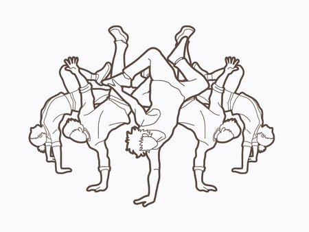 Group of people dancing, Street dance action, Dance together outline graphic vectorのイラスト素材