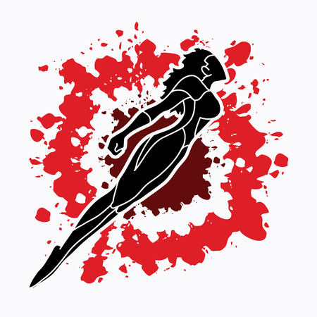 Superhero flying action, Cartoon superhero woman jumping graphic vector.のイラスト素材