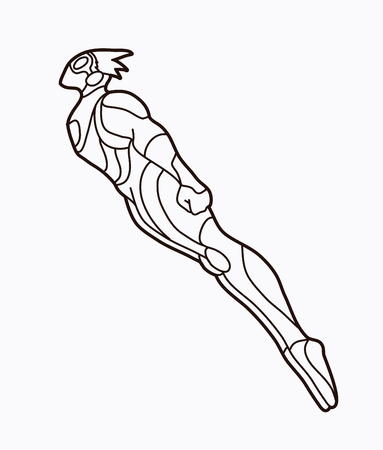 Superhero flying action, Cartoon superhero man jumping graphic vector.のイラスト素材