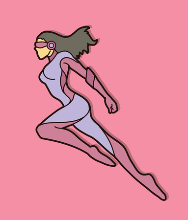Superhero flying action, Cartoon superhero woman jumping graphic vector.のイラスト素材