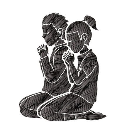 Boy and Girl Praise God, Prayer, Christian praying, Thank you GOD graphic vectorのイラスト素材