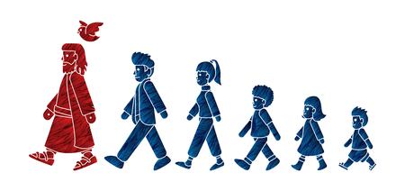 Walk with Jesus, Follow Jesus cartoon graphic vector.