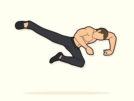 Kung fu action jump kick graphic vector.のイラスト素材