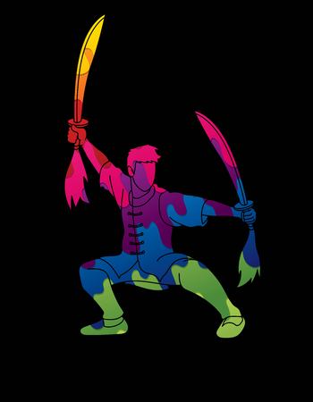 Man with swords action, Kung Fu pose graphic vector.のイラスト素材