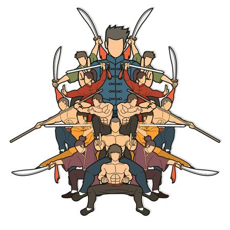 Group of People Kung Fu fighter, Martial arts with weapons action cartoon graphic vector.のイラスト素材
