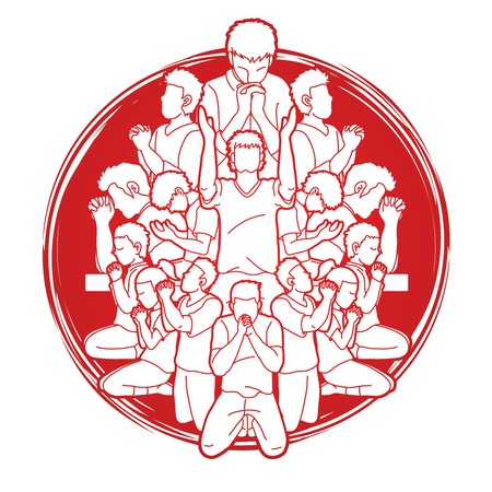 Group of Prayer, Christian praying together cartoon graphic vectorのイラスト素材