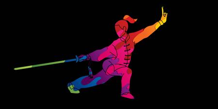 Woman with sword action, Kung Fu pose graphic vector.