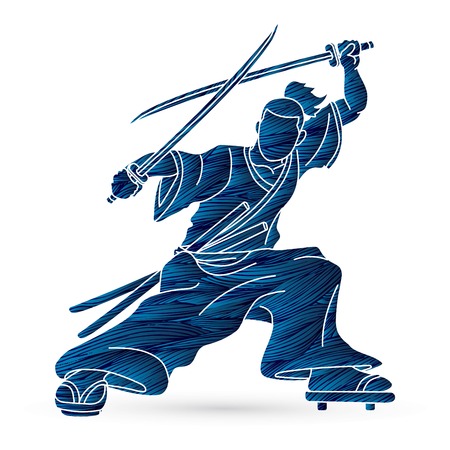 Samurai standing ready to fight with swords cartoon graphic vectorのイラスト素材