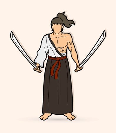 Samurai warrior standing with swords cartoon graphic vector.のイラスト素材