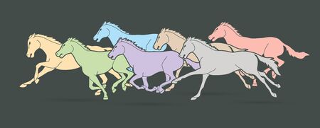 Group of seven horses running cartoon graphic vectorのイラスト素材