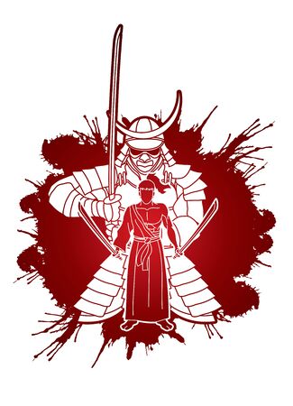 2 Samurai overlapped composition with swords cartoon graphic vectorのイラスト素材