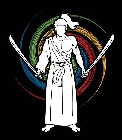 Samurai warrior standing with swords cartoon graphic vector.のイラスト素材