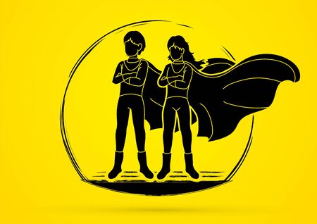 Young boy and girl standing,Super heroes action cartoon graphic vector.のイラスト素材