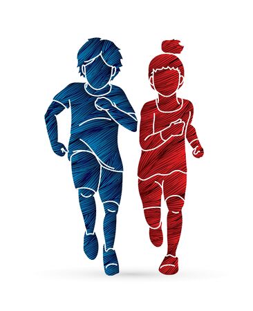 Boy and Girl running together, Children running cartoon graphic vectorのイラスト素材