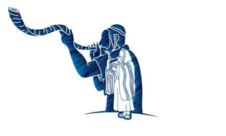 Group of Jewish blowing the shofar horn cartoon graphic vector.のイラスト素材