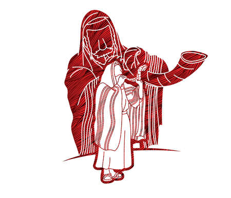 Group of Jewish blowing the shofar horn cartoon graphic vector.のイラスト素材