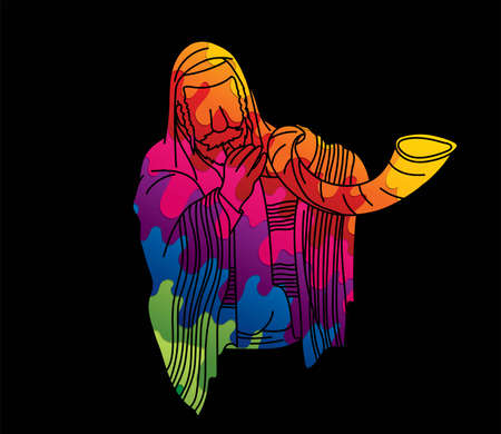 Jewish blowing the Shofar horn cartoon graphic vectorのイラスト素材