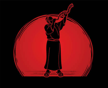 Feast of trumpets. Jewish people blowing the shofar horn cartoon graphic vectorのイラスト素材