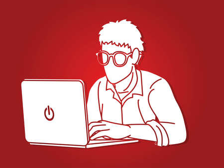 Man works on his laptop cartoon graphic vector.のイラスト素材