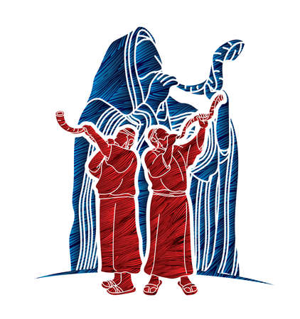 Feast of trumpets Jewish people blowing the shofar horn cartoon graphic vectorのイラスト素材