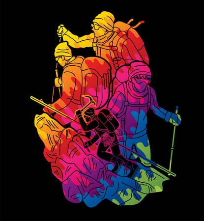 Group of people Hiker climbing mountain hiking cartoon graphic vectorのイラスト素材