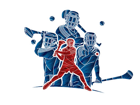 Group of Hurling sport players action. Irish Hurley sport cartoon graphic vector.のイラスト素材