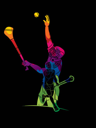 Group of Hurling sport players action. Irish Hurley sport cartoon graphic vector.のイラスト素材