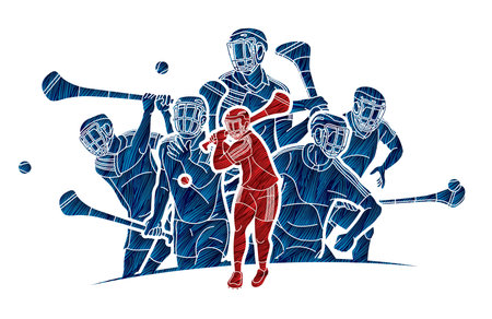 Group of Hurling sport players action. Irish Hurley sport cartoon graphic vector.のイラスト素材