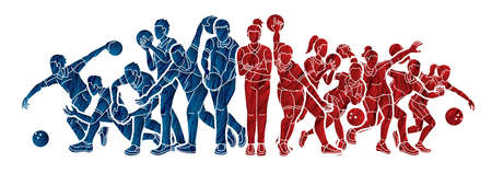 Group of Bowling Sport Players Men and Women Pose Cartoon Graphic Vectorのイラスト素材