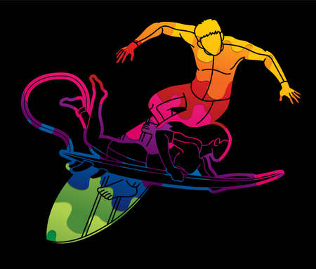 Surfer Action Group of Surfing Sport Male and Female Players Cartoon Graphic Vectorのイラスト素材