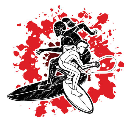 Surfer Action Group of Surfing Sport Male and Female Players Cartoon Graphic Vectorのイラスト素材