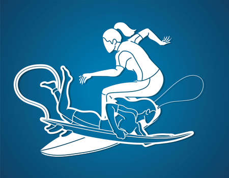 Surfing Sport Surfer Woman Players Action Cartoon Graphic Vectorのイラスト素材
