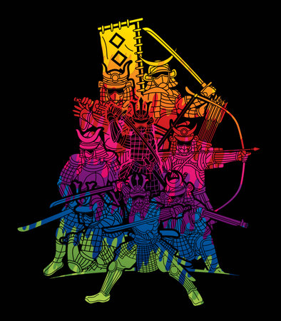Samurai Warriors with Weapons Action Group of Ronin Japanese Fighter Cartoon Graphic Vectorのイラスト素材