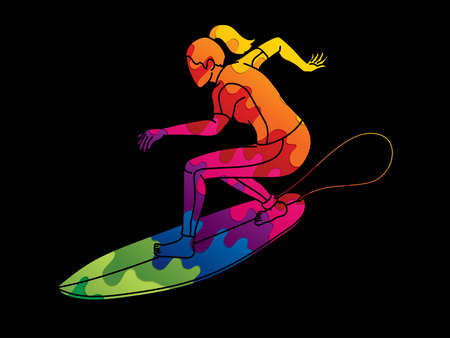 Surfing Sport Female Player Surfer Action Cartoon Graphic Vectorのイラスト素材