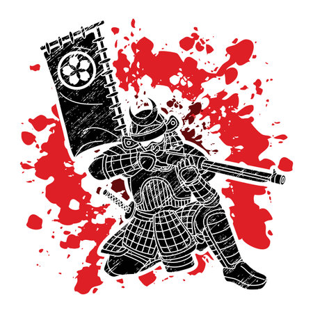 Samurai Warrior with Weapon Bushido Action Ready to Fight Cartoon Graphic Vectorのイラスト素材