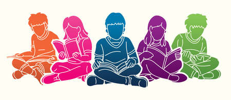 Group of Children Reading Books Together Cartoon Silhouette Graphic Vectorのイラスト素材