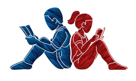 Children Reading Books Together Cartoon Silhouette Graphic Vectorのイラスト素材
