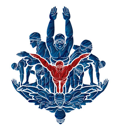 Group of People Swimming Together Swimmer Action Cartoon Sport Graphic Vectorのイラスト素材