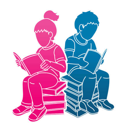 Group of Children Reading Books Cartoon Graphic Vectorのイラスト素材