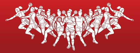 Group of Handball Players Female Mix Action Cartoon Sport Graphic Vectorのイラスト素材